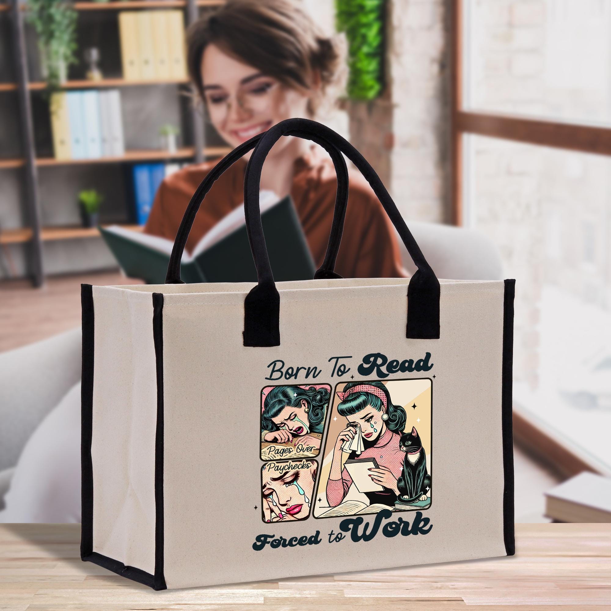 a woman reading a book while holding a bag