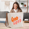 a woman sitting at a table with a bag on it
