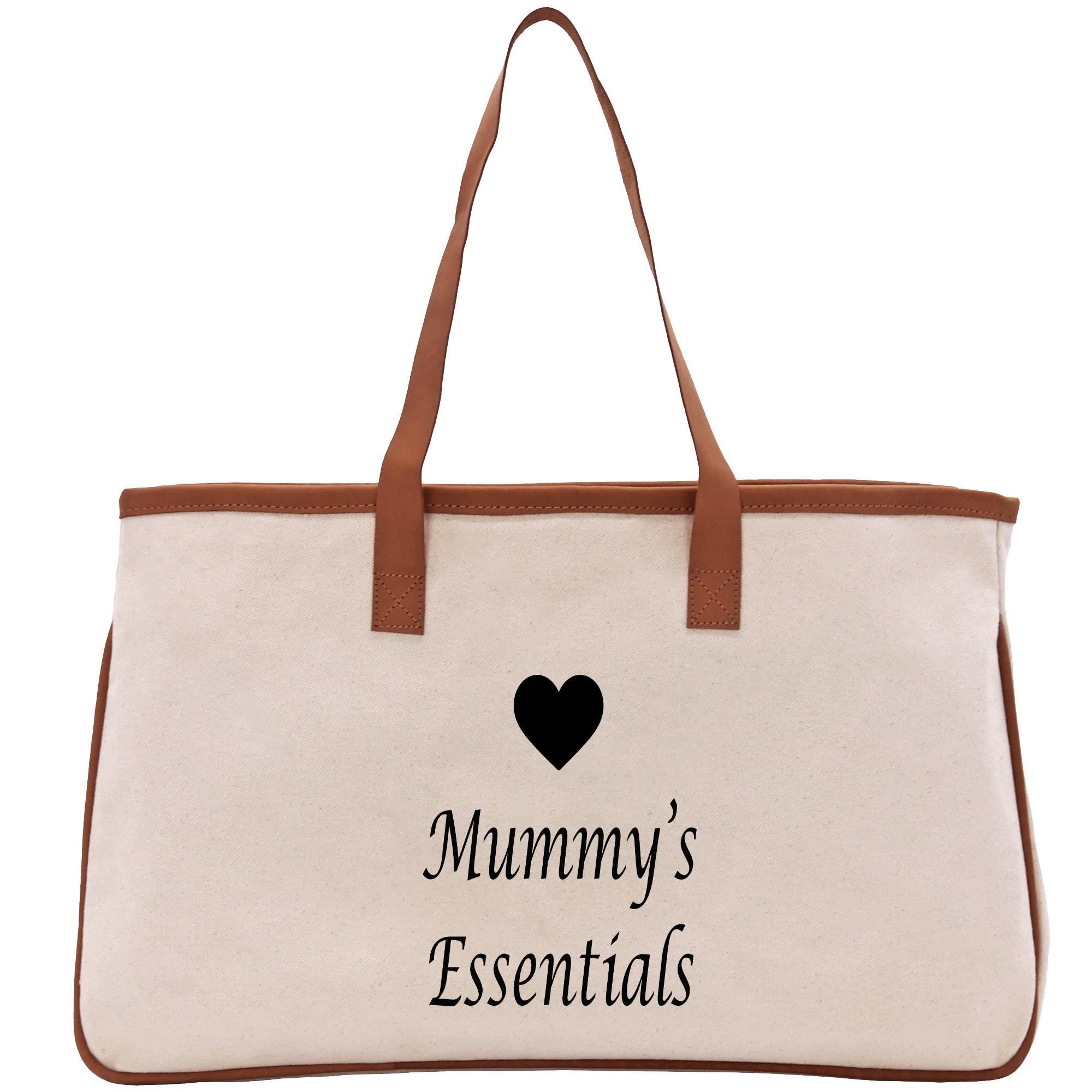 A beige canvas tote bag with brown straps and a heart symbol printed on it.