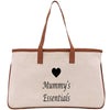A beige canvas tote bag with brown straps and a heart symbol printed on it.