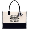 A tote bag with a black and white design, featuring the text 