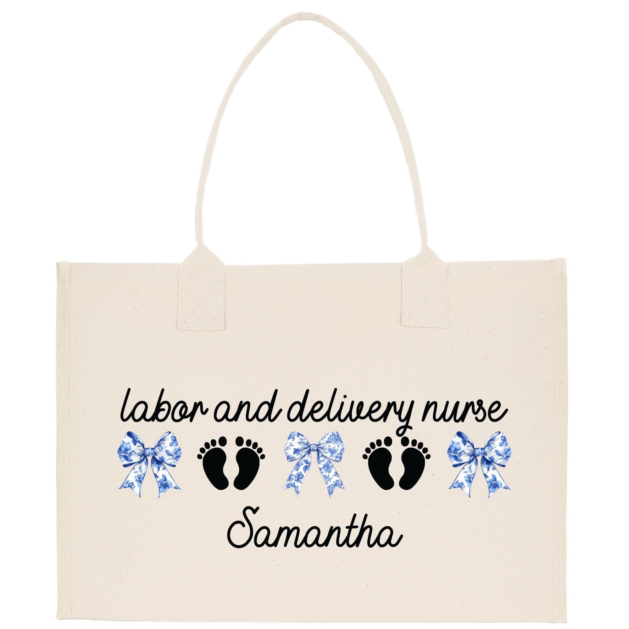 a white bag with a blue ribbon and footprints on it