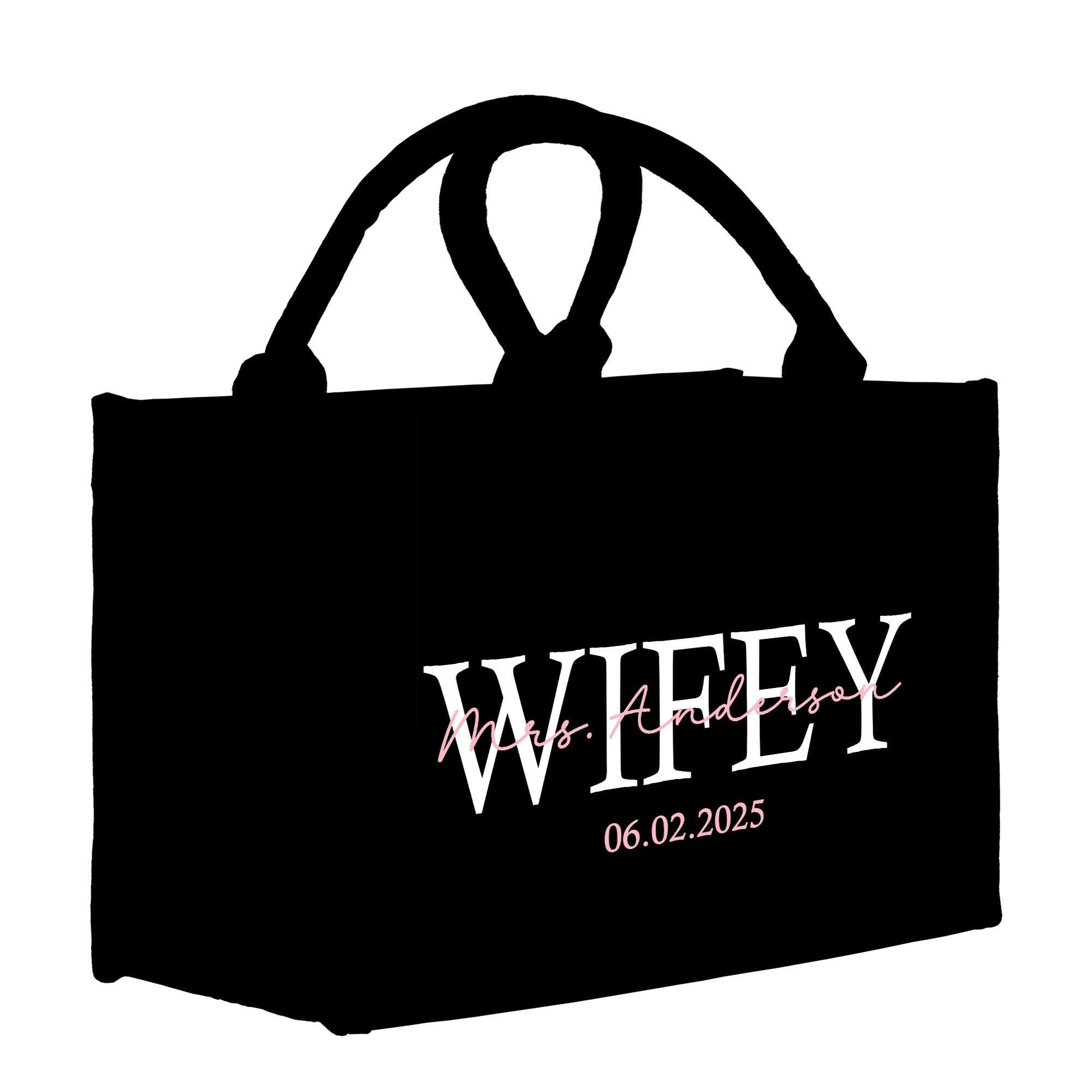 a black shopping bag with the word wife printed on it