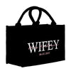 a black shopping bag with the word wife printed on it