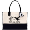A beige tote bag with a black handle and strap, featuring a printed design that says 