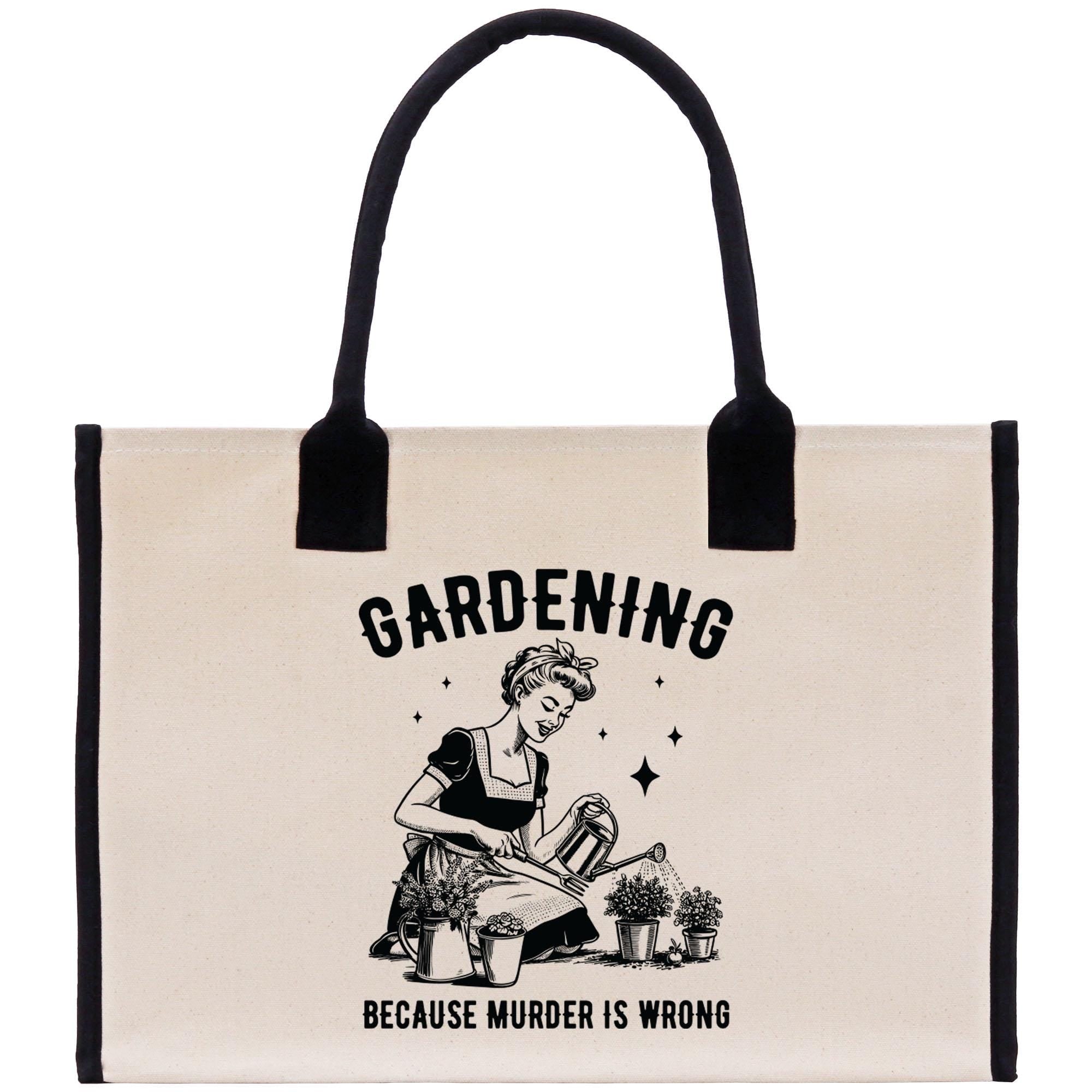 a tote bag with a picture of a woman gardening