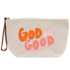 a white bag with an orange and pink message on it