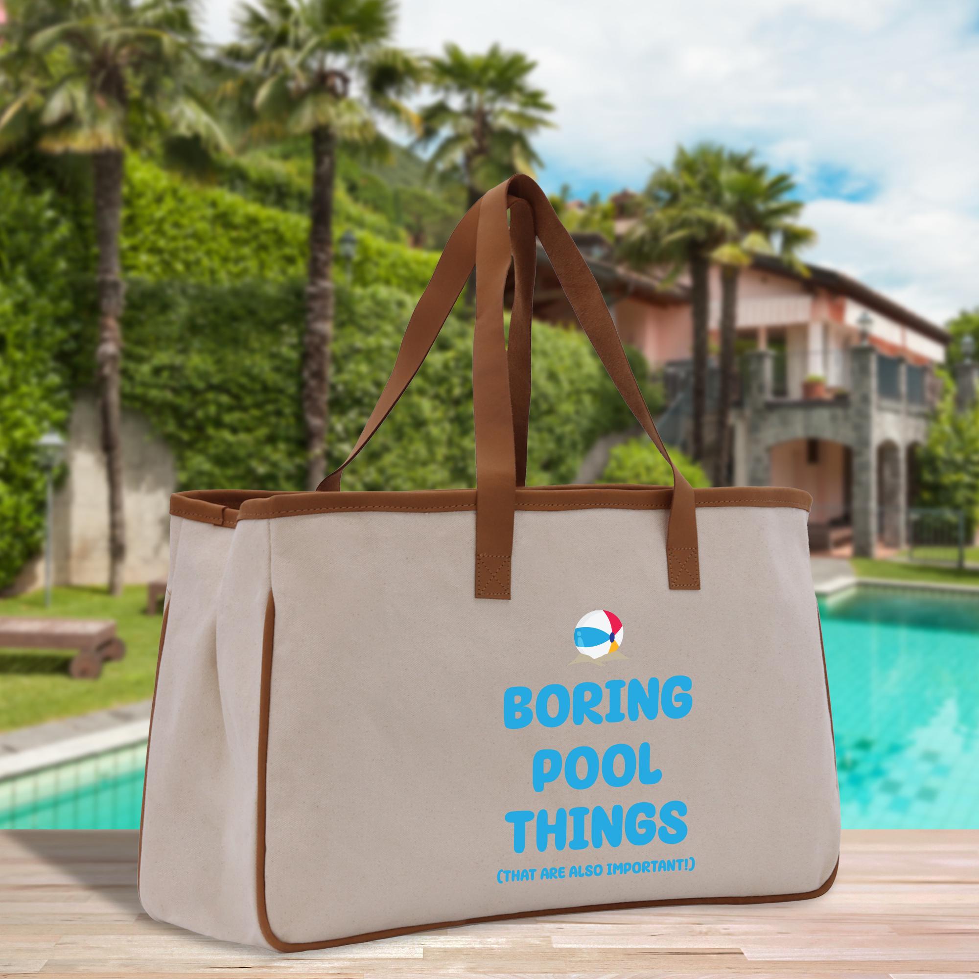 a bag sitting on a table next to a pool