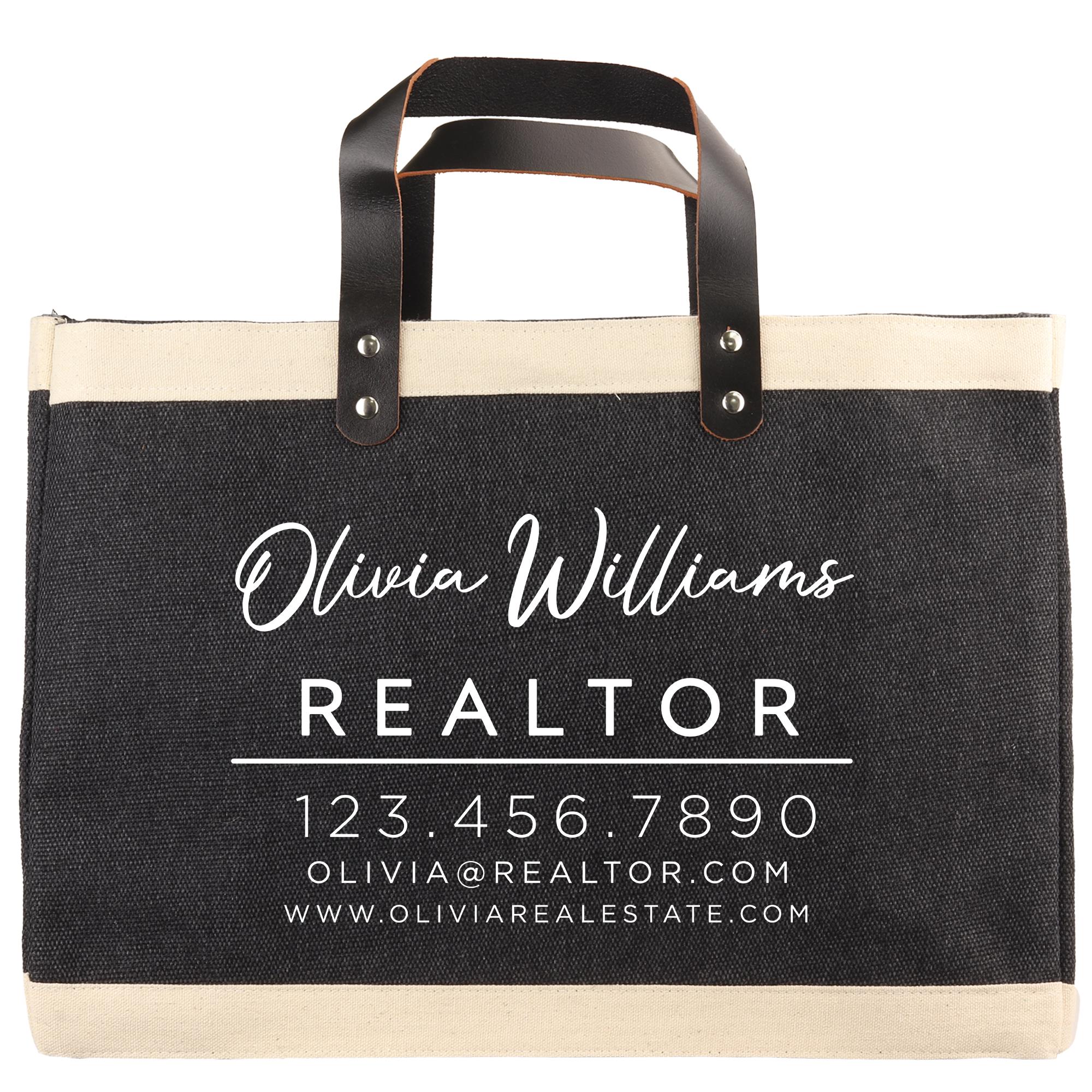 A black and beige tote bag with the text "Olivia Williams REALTOR 123.456.7890 OLIVIA@REALTOR.COM WWW.OLIVIARESTATE.COM" printed on it.