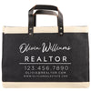 A black and beige tote bag with the text 