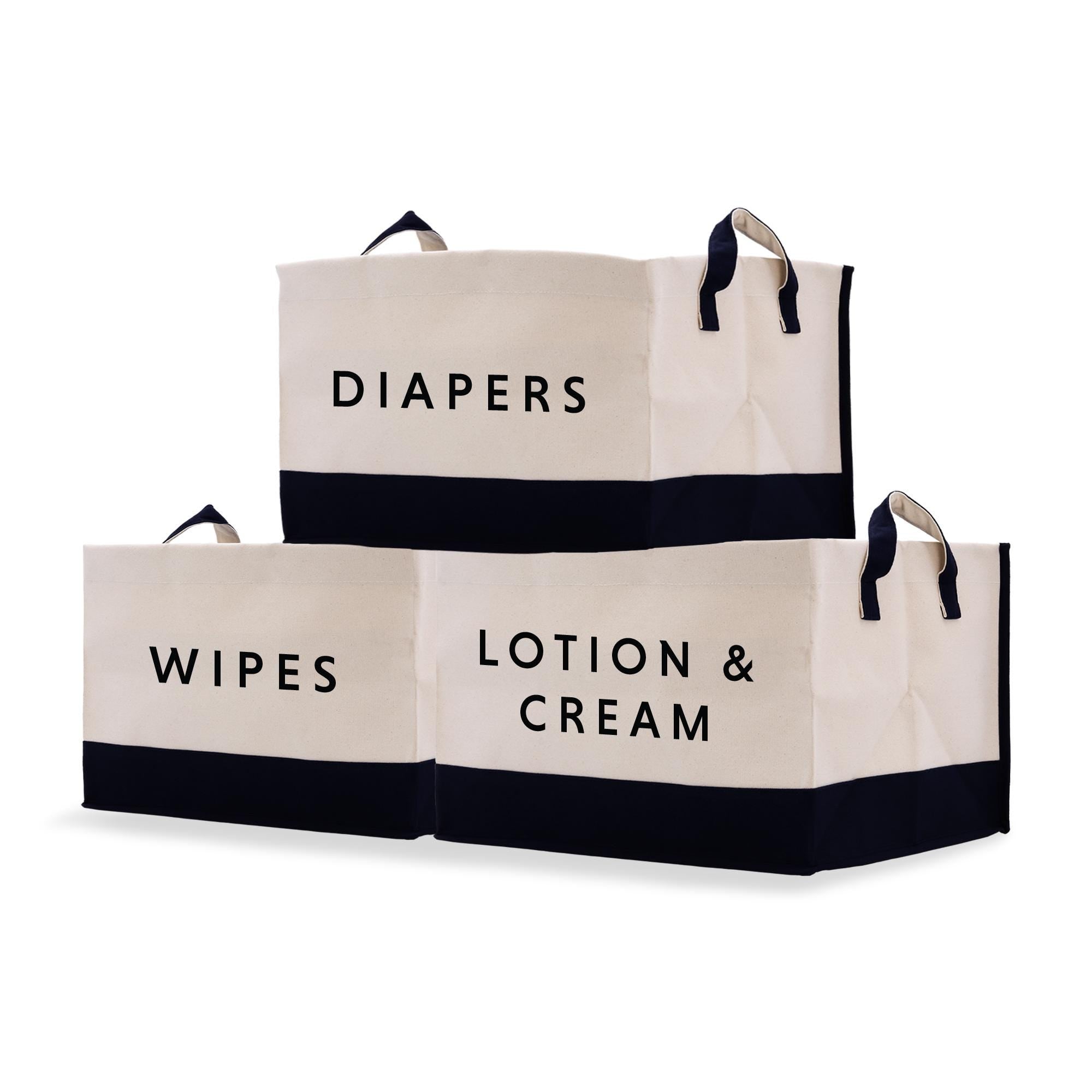 two bags with the words diapers, lotion and cream on them