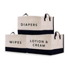 two bags with the words diapers, lotion and cream on them