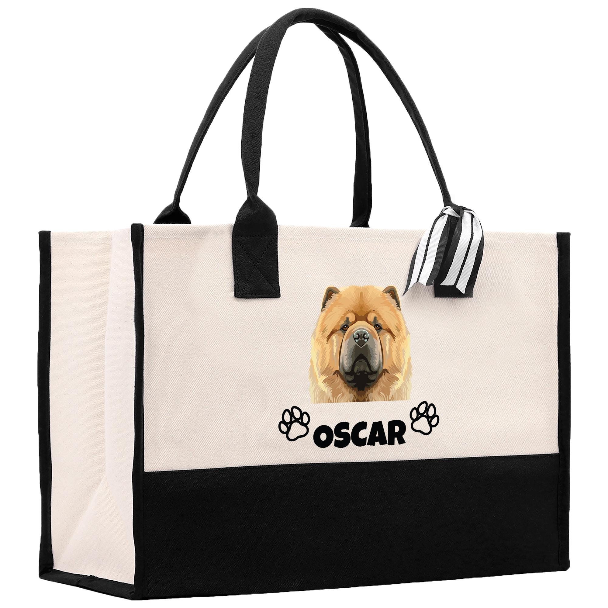 A tote bag with a chow dog image printed on it, and the name &quot;Oscar&quot; printed below the dog&#39;s head.