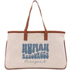 A beige canvas tote bag with a brown leather strap and the text "HUMAN RESOURCES" printed on it.