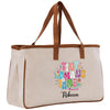 A beige canvas tote bag with a personalized printed design on it.
