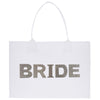 A white tote bag with the word "BRIDE" printed on it in a metallic, glittery font.