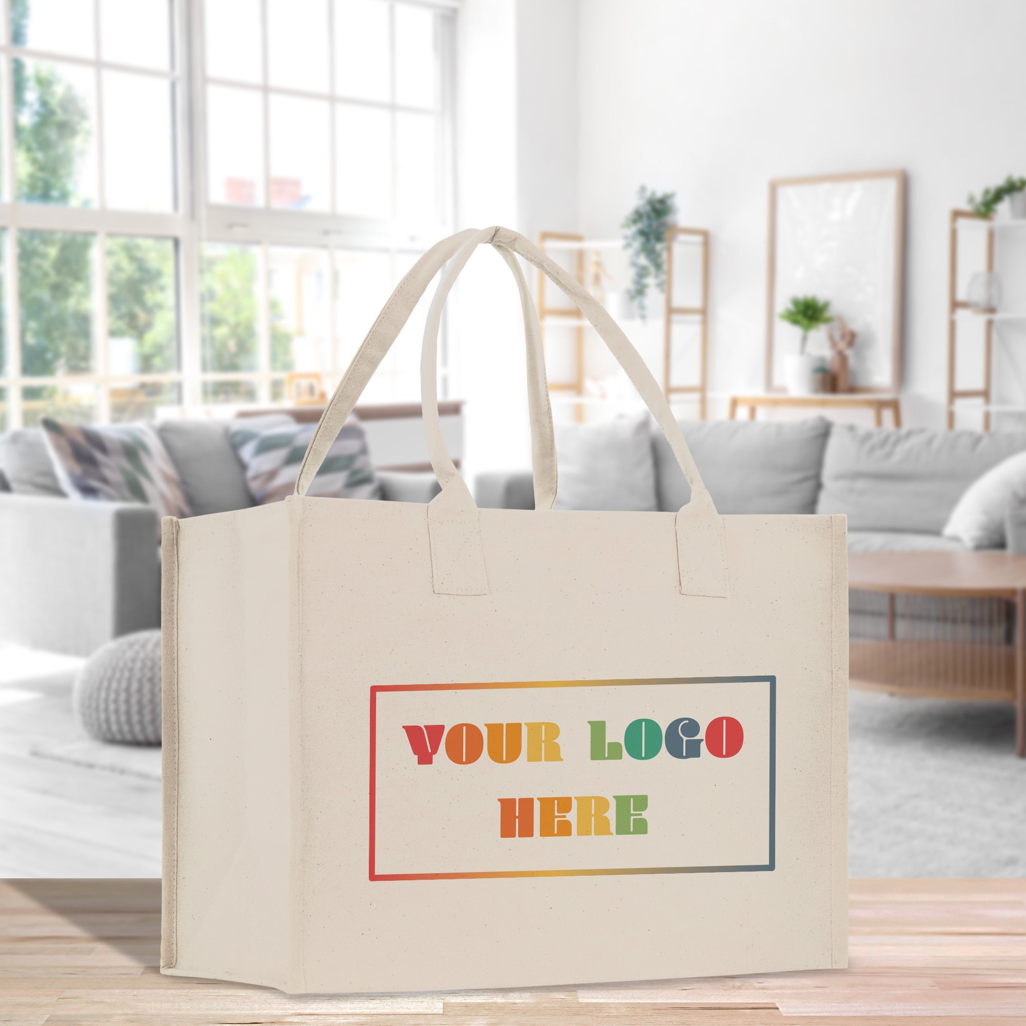 a white bag with a logo on it sitting on a table