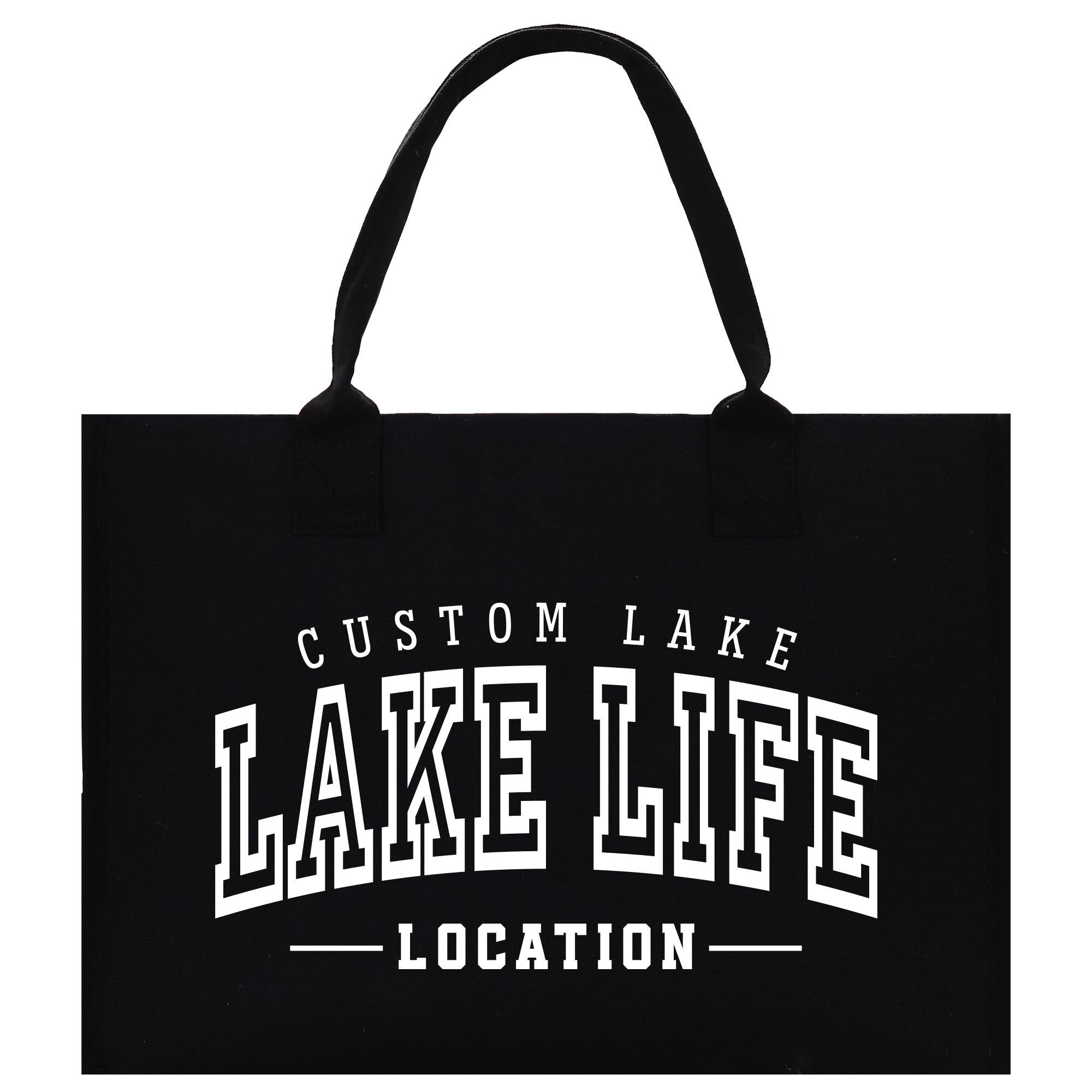 a black tote bag with a custom lake life location on it