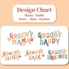 a design chart that includes various text designs related to the words "Mama - Daddy Sister - Babe - Brother". The text designs include the words "GROOKY MAMA", "GROOKY DADDY", "GROOKY SISTER", "GROOKY BABE", and "GROOKY BROTHER". The designs are arranged in a grid format, showcasing different styles and variations of the text.