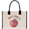 a white bag with a red apple on it