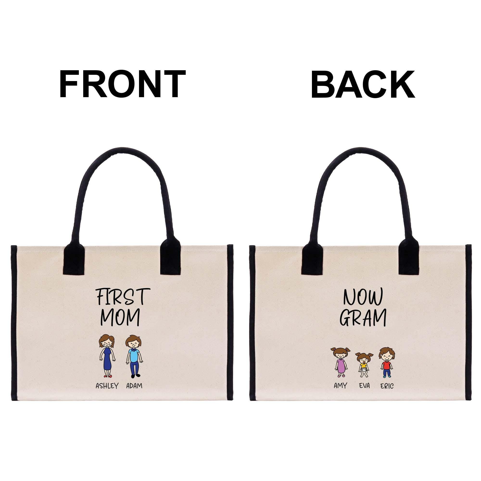 two beige tote bags with the text &quot;FIRST MOM&quot; and &quot;NOW GRAM&quot; printed on them. The bags also have illustrations of two children and their names, Ashley and Eric.