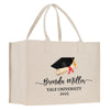 A beige canvas tote bag with a graduation cap and mortarboard on it, along with the text "Benda Miller Yale University 2025".