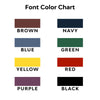 The image is a color chart that displays various color options, including brown, navy, blue, green, yellow, red, purple, and black.