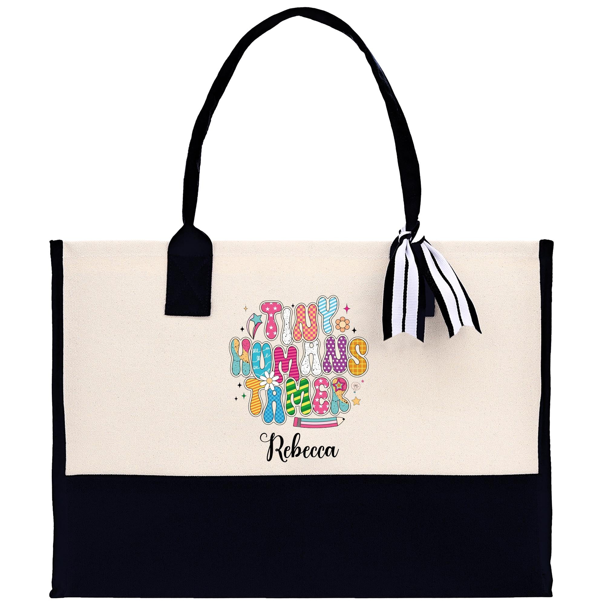 A tote bag with a colorful graphic design and the name &quot;Recca&quot; printed on it.