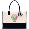 A tote bag with a colorful graphic design and the name "Recca" printed on it.