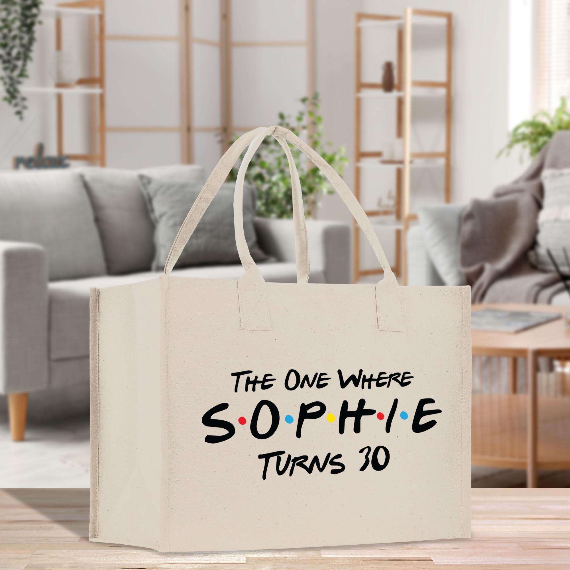 a white bag with the words, the one where sophiie turns 30