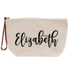 a white zippered bag with the word elizabeth printed on it