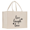 a white bag with the words live laugh love on it