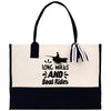 A tote bag with a black and white design featuring a silhouette of a person rowing a boat and the text 