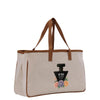 a bag with a bottle of perfume on it