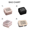 four different bags with the same logo printed on them, arranged in a chart format.