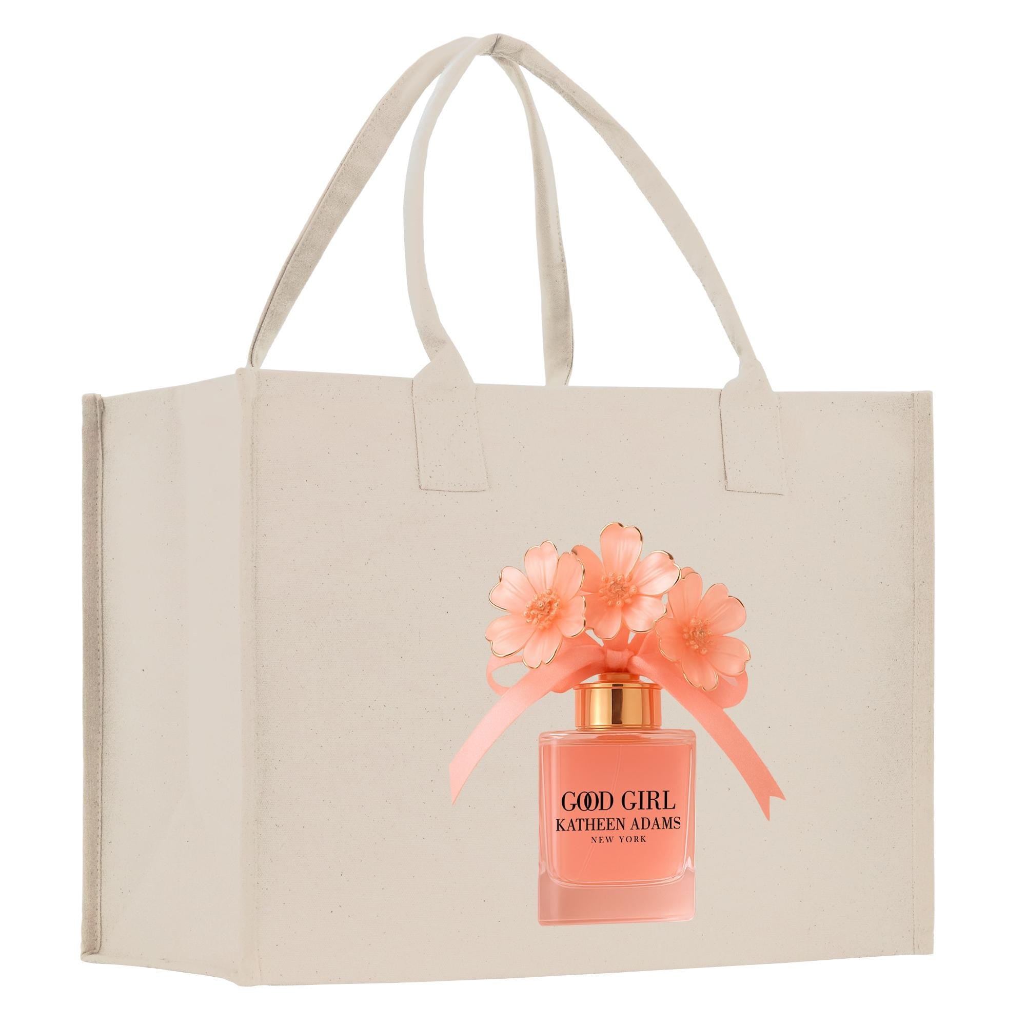 A beige tote bag with a printed image of a perfume bottle and flowers on it.