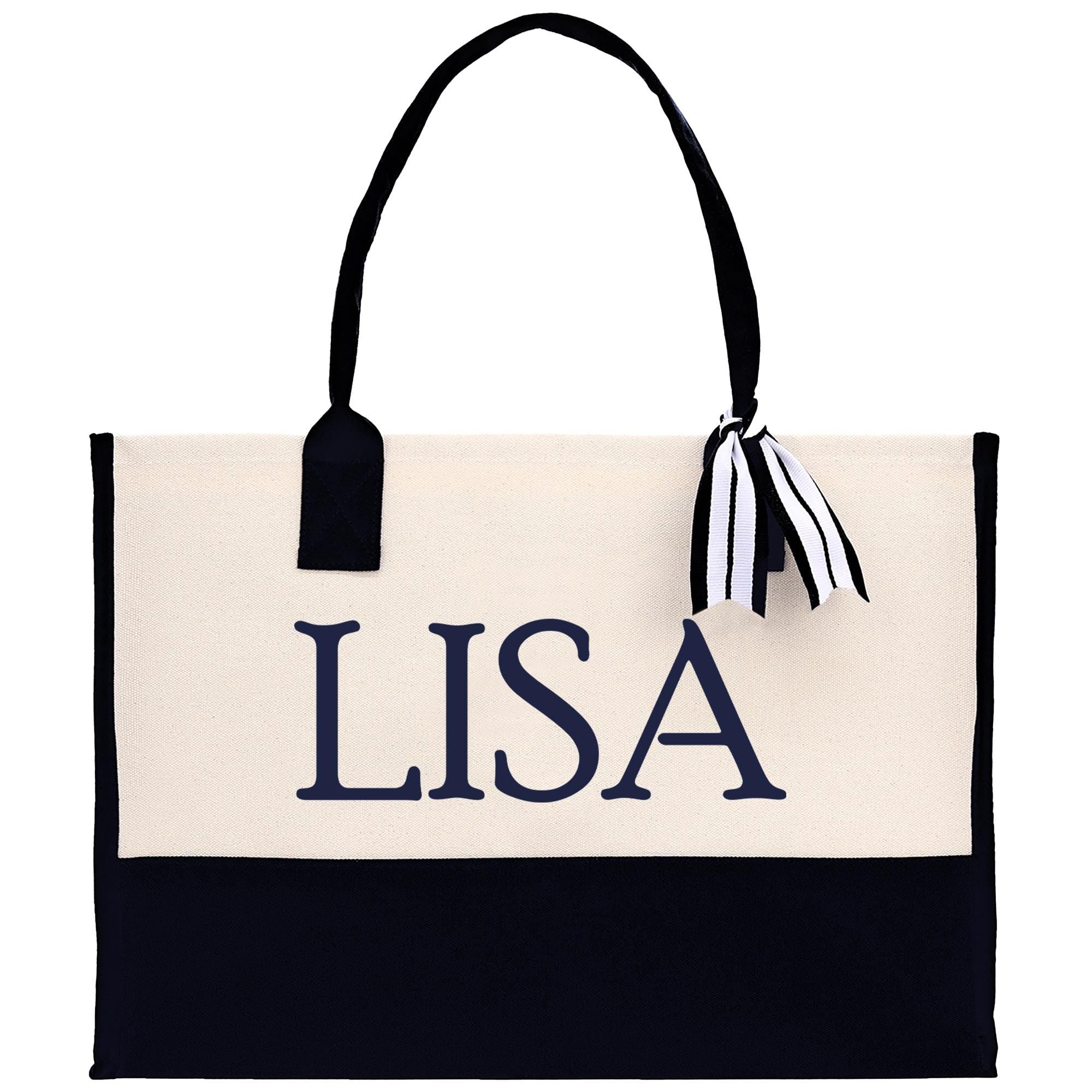 A black and white tote bag with the name &quot;LISA&quot; printed on it in blue letters.