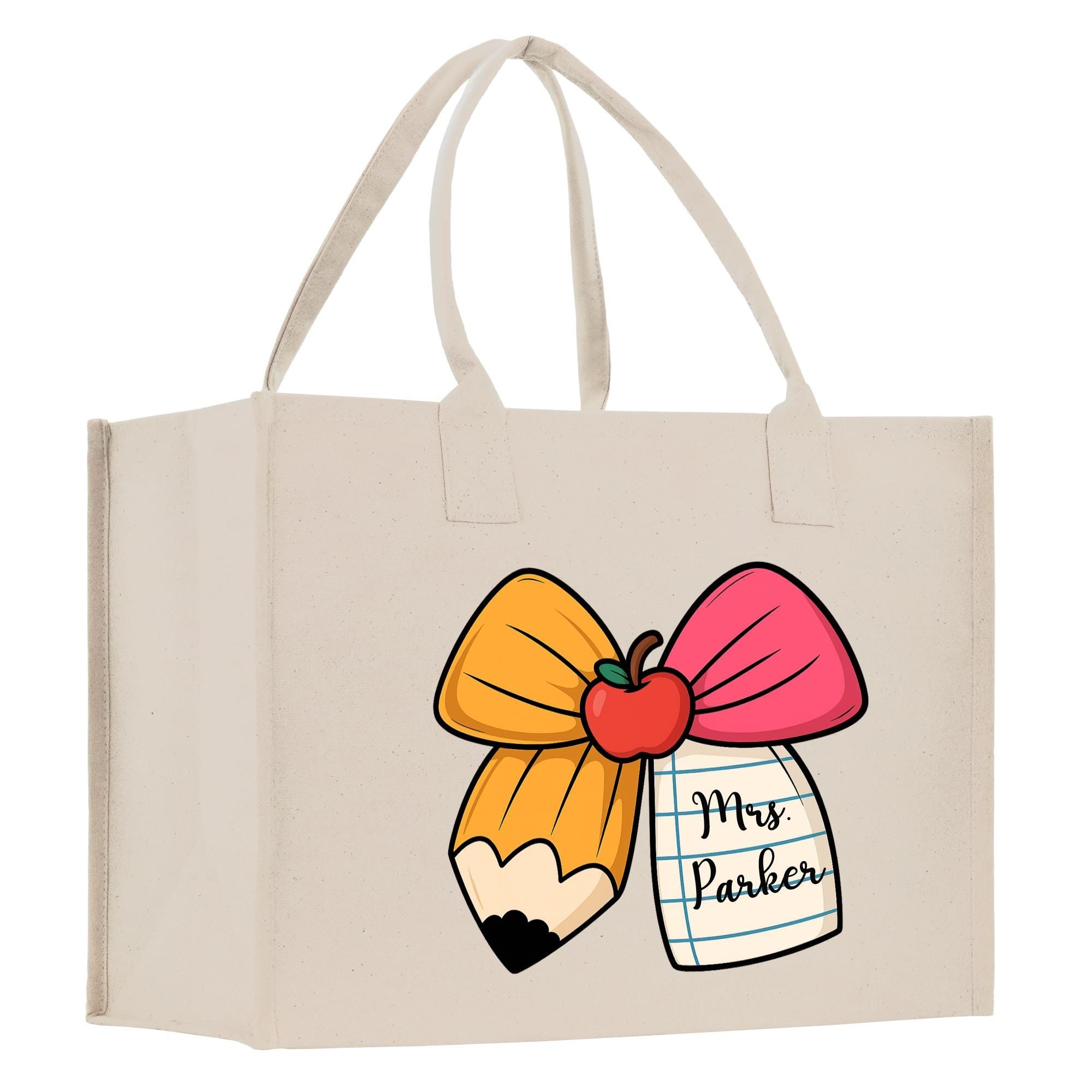 a white shopping bag with a pencil and apple on it