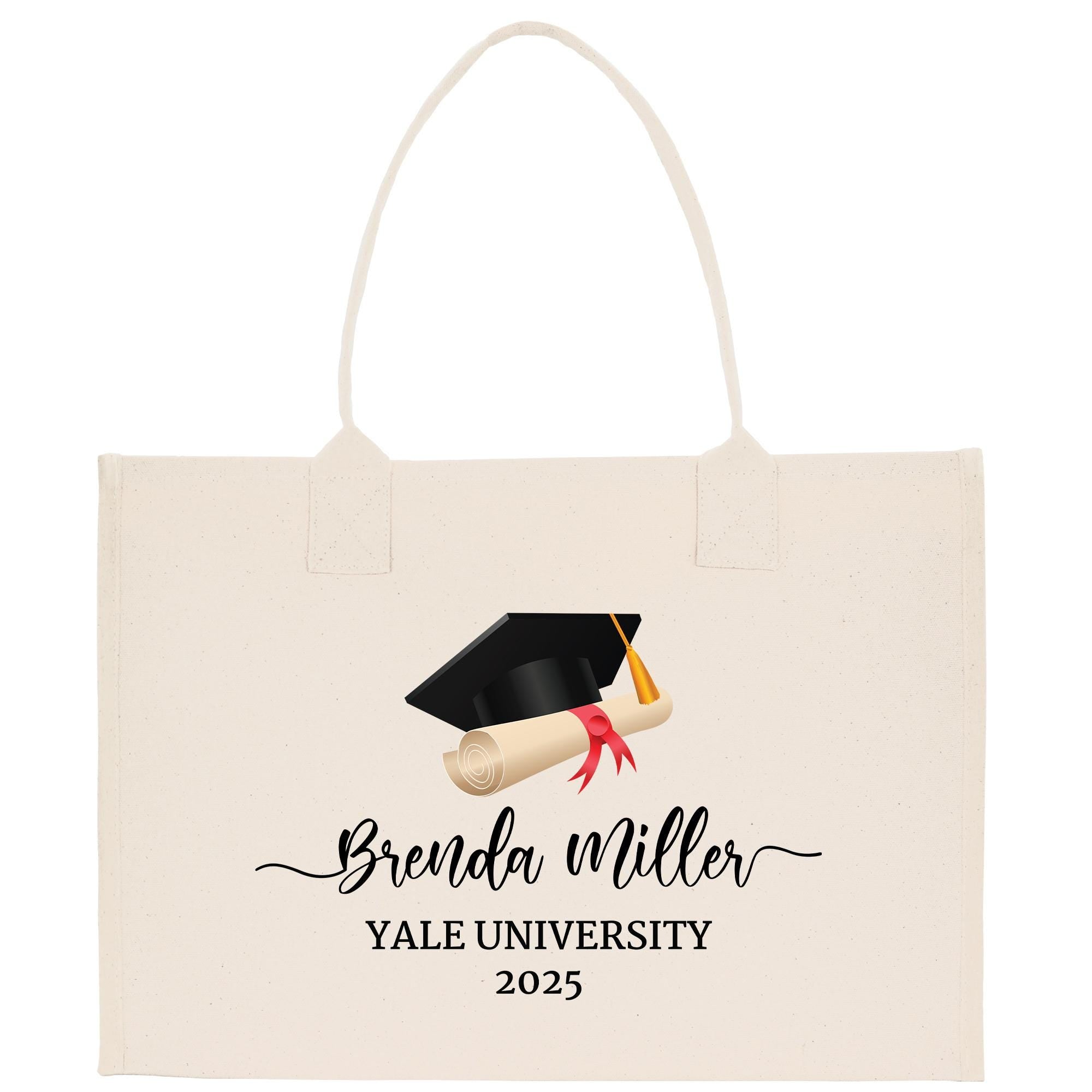 A beige tote bag with a graduation cap and a rolled diploma printed on it, along with the text &quot;Benda Miller Yale University 2020&quot;.