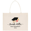 A beige tote bag with a graduation cap and a rolled diploma printed on it, along with the text "Benda Miller Yale University 2020".