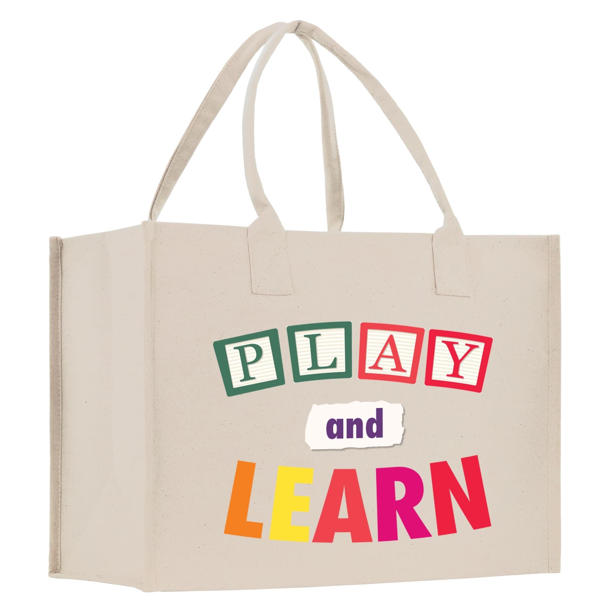 a bag that says play and learn on it
