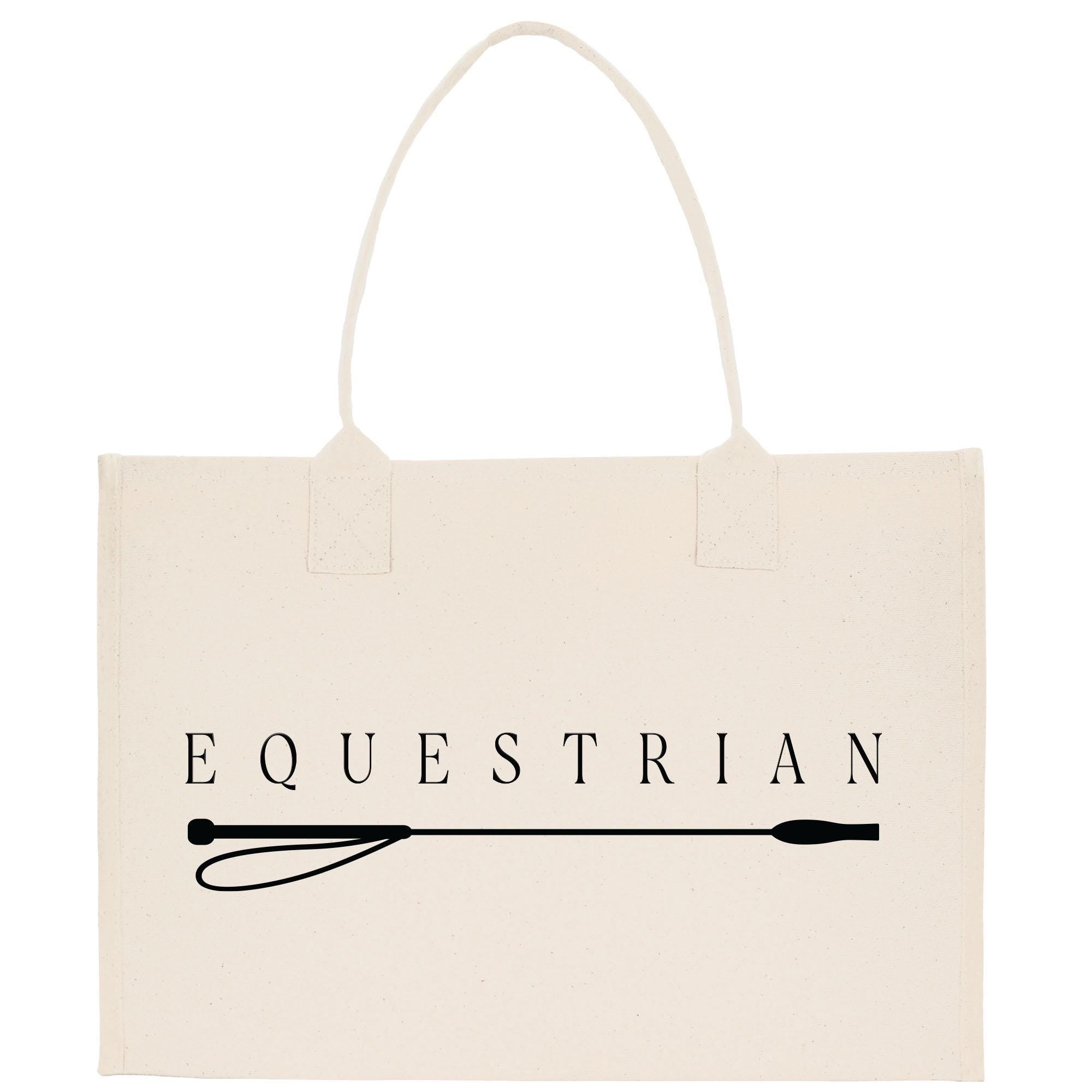 A beige canvas tote bag with the word &quot;EQUESTRIAN&quot; printed on it, along with a graphic of a horse&#39;s bridle.