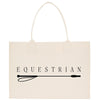 A beige canvas tote bag with the word "EQUESTRIAN" printed on it, along with a graphic of a horse's bridle.