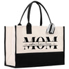 a black and white bag with the word mom printed on it