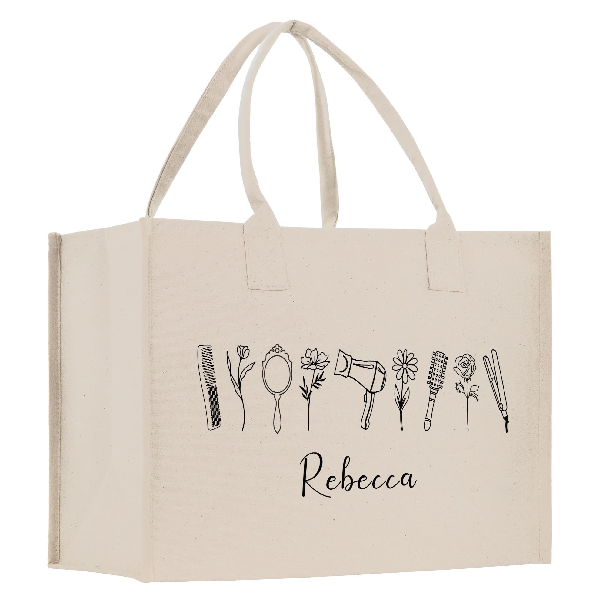 A beige canvas tote bag with a printed design of various hair and beauty-related items, including a hair dryer, comb, scissors, and flowers. The word &quot;Recca&quot; is printed below the design.