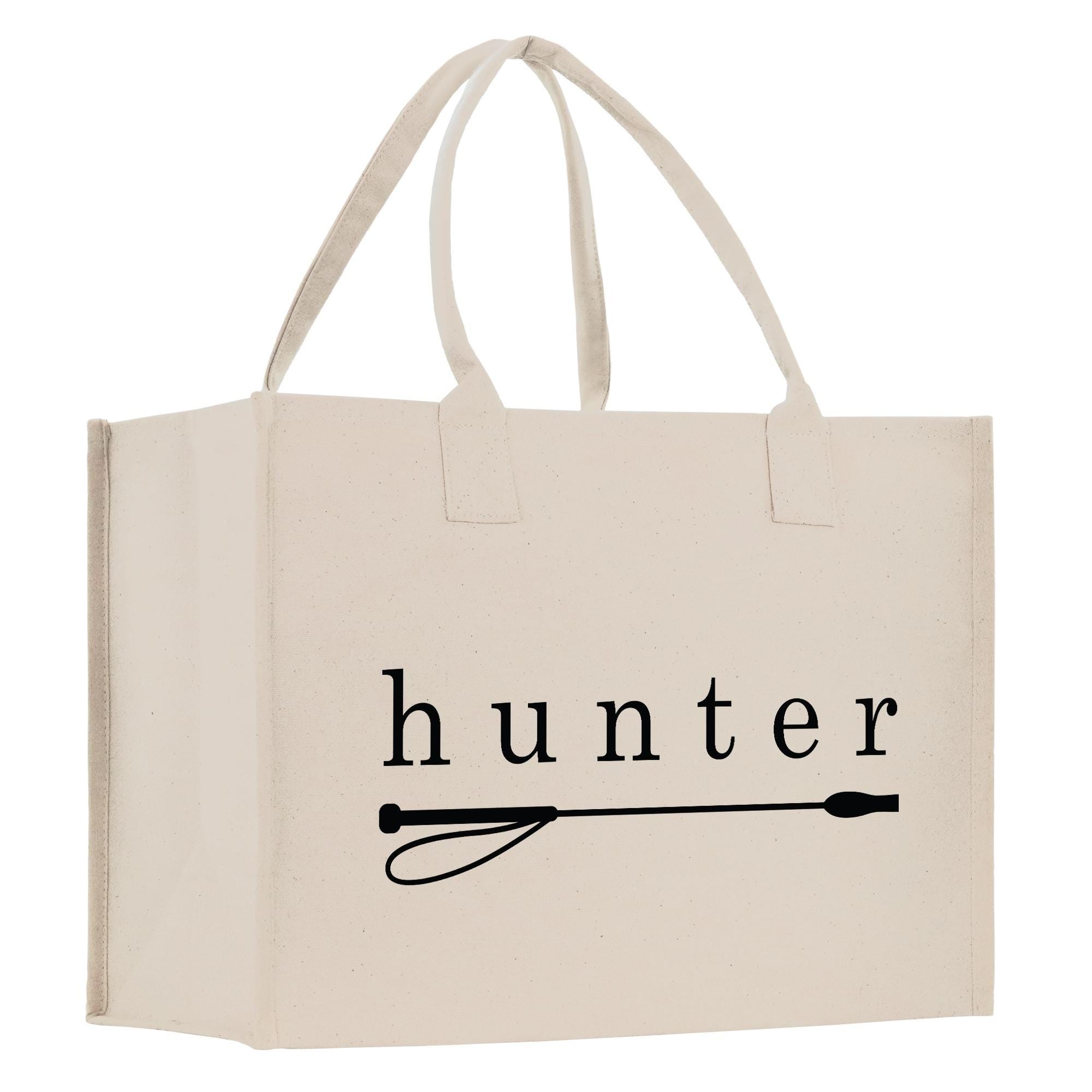 A beige canvas tote bag with the word &quot;hunter&quot; printed on it in black text.