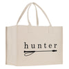 A beige canvas tote bag with the word "hunter" printed on it in black text.