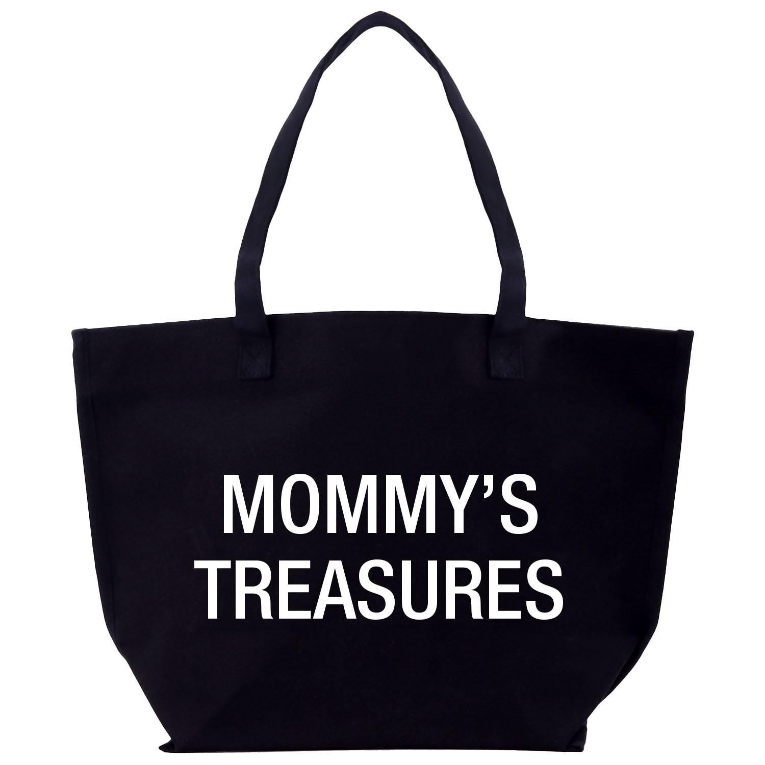 a black bag with the words mommy&#39;s treasures printed on it