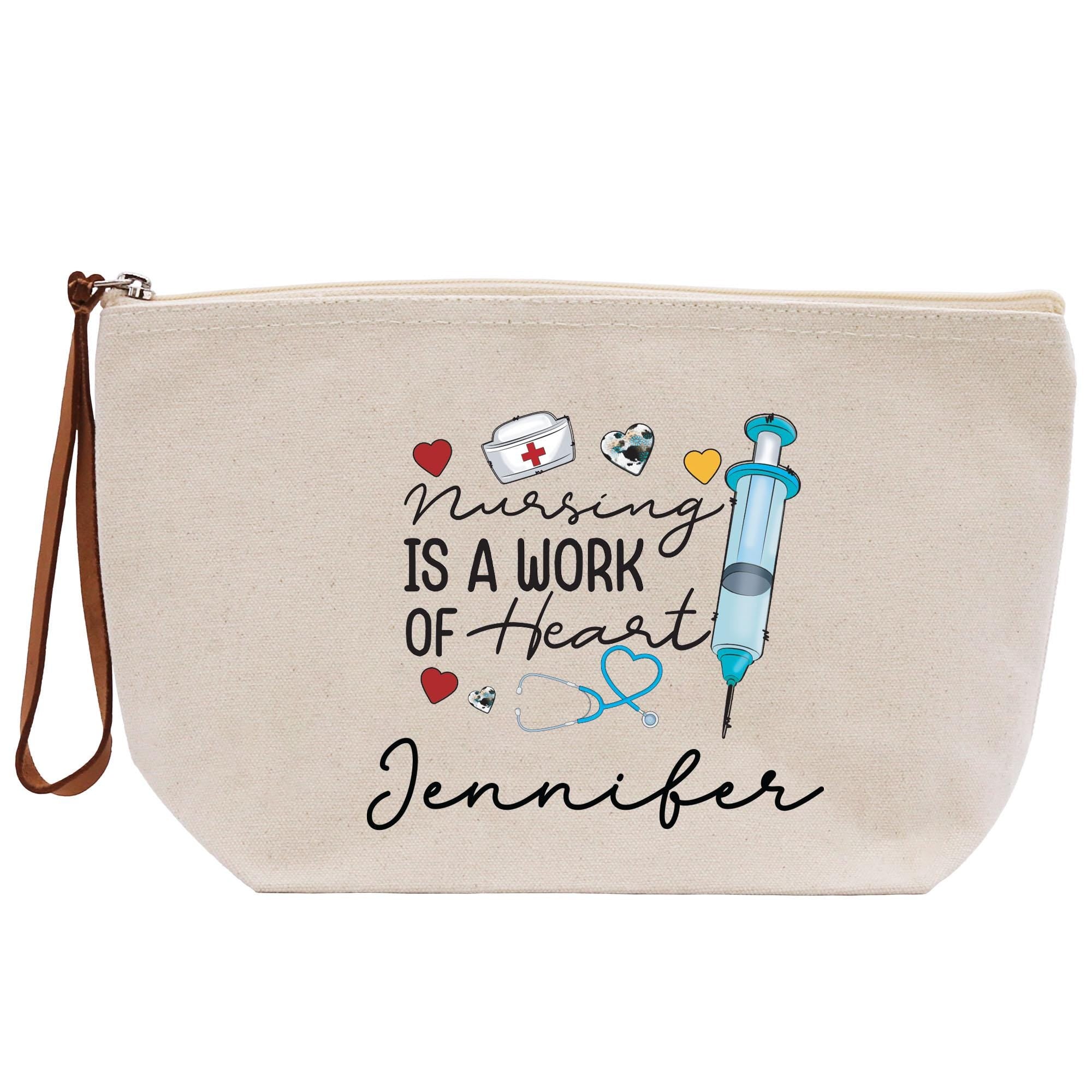 a white zippered bag with a nurse quote on it