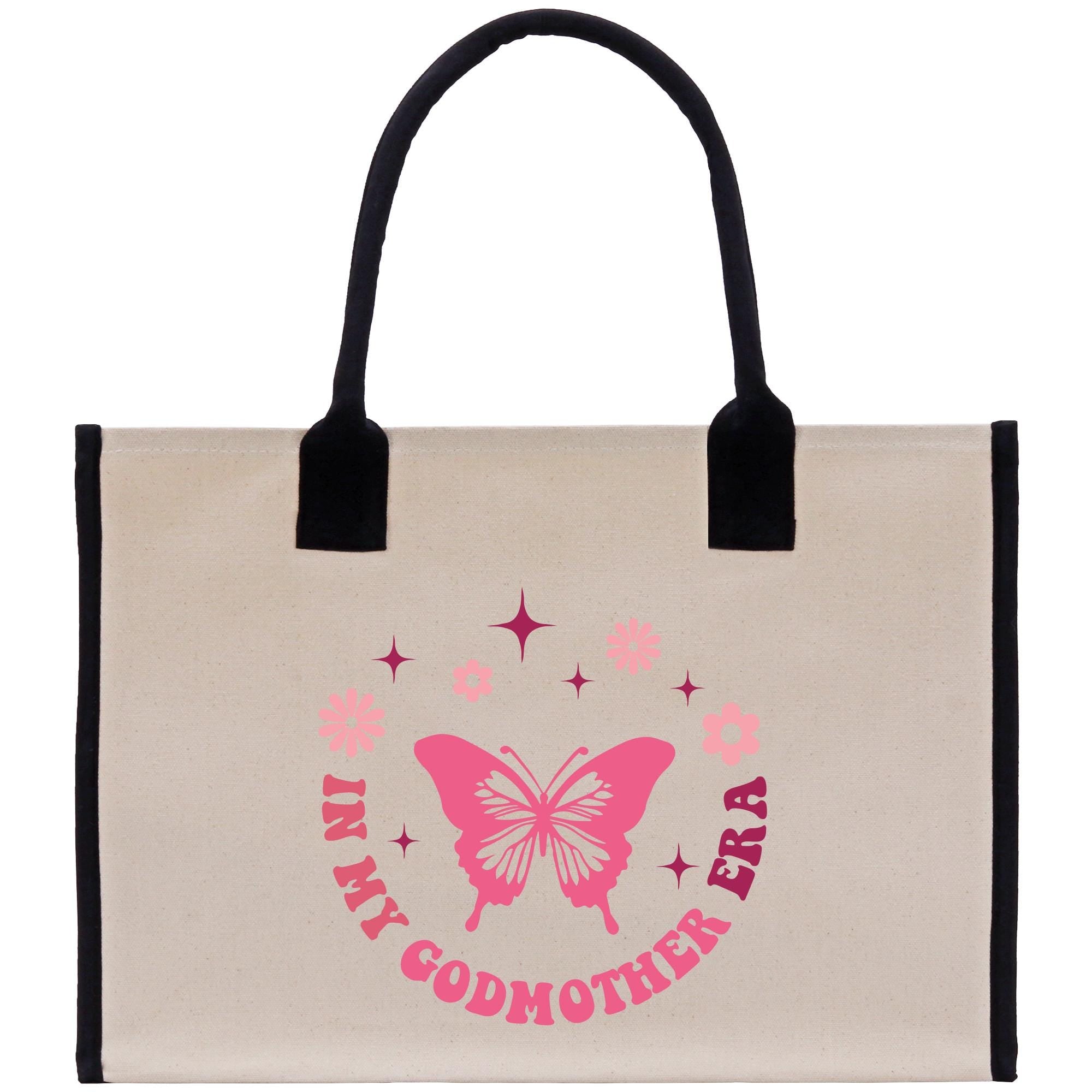 a white bag with a pink butterfly on it